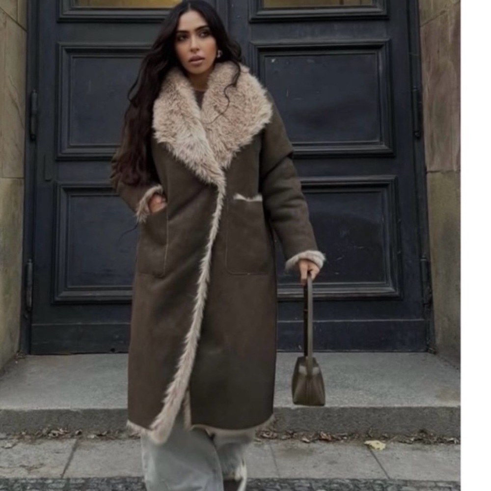 Zara Olive Green Shearling Long Coat with Cream Fur Trim